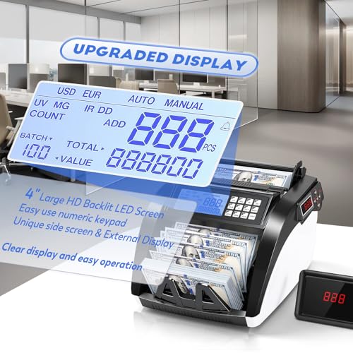 Image of Money Counter Machine with Value Count,4 inch LED Display,Cash Counter for Dollar /Euro with UV /MG /IR /DD Detection, Bill Counting with Count /Add /Batch /Auto Modes,Bill Counter Fast Counting 1,200 /Min