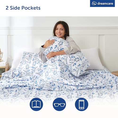 Image of DREAMCARE Full Size Sheets - Cooling Sheets - 4pcs Set - up to 15 inch Deep Pocket Full Sheet Set - Sheets Full Size Bed - Soft & Long Lasting 100% Fine Brushed Polyester with Side Pocket Floral Blue