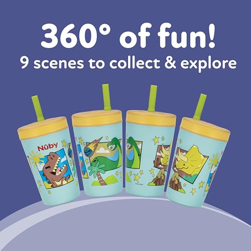 Image of Nuby Thirsty Kids Flexstraw Stainless Steel Insulated Toddler Cup - 12 oz | Leak-Resistant Silicone Straw - Easy-Clean Valve and Capacity - Travel Cup - Dinosaurs