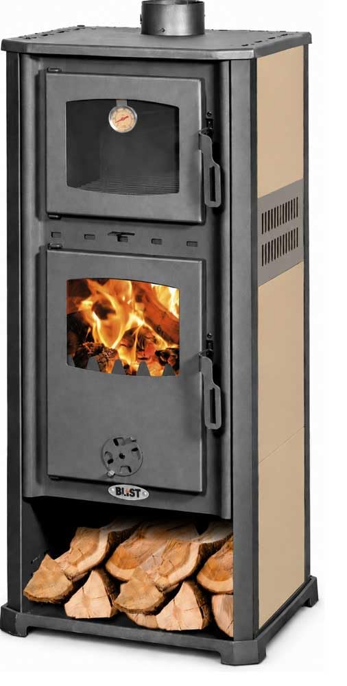 Stufa a Legna con Forno 10 kW in Acciaio Beige, Modello Roma, Forno 32 cm, Colonna 48,5x44x120 cm