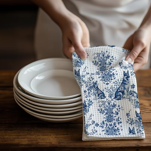 Image of Chinoiserie German Shepherd Kitchen & Hand Towels Set of 2, Blue and White Floral Dog Dish & Tea Towels for Kitchen Bathroom Decor, Vintage Toile Dog Lover Gifts for Women 16x24 Inch