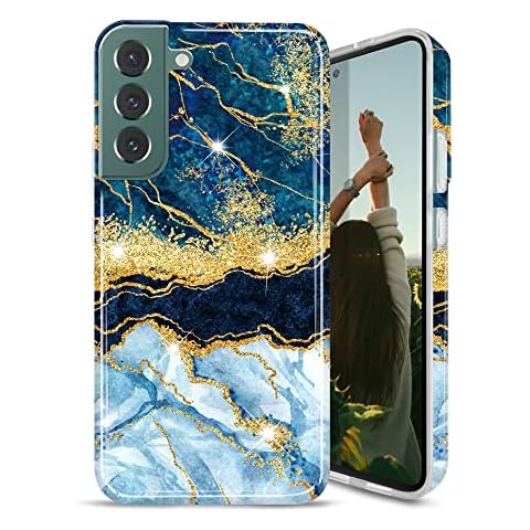 JIAXIUFEN Galaxy S22 Plus Case Gold Sparkle Glitter Marble Slim Shockproof TPU Soft Rubber Silicone Cover Phone Case for Samsung Galaxy S22+ / S22 Plus 5G 6.6 inch 2022 Dark Blue Cover