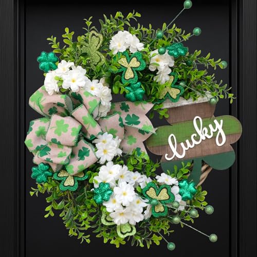 Bibelot Decoraciones del día de San Patricio de 20 pulgadas para puerta delantera, corona verde artificial, tablero de trébol de la suerte, hojas y flores, primavera, verano, fiesta en casa,