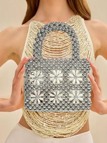 Image of Women Beaded Handbags Elegant Handmade Weave Purse Crystal Pearl String Tote Bags for Banquet Wedding Cocktail