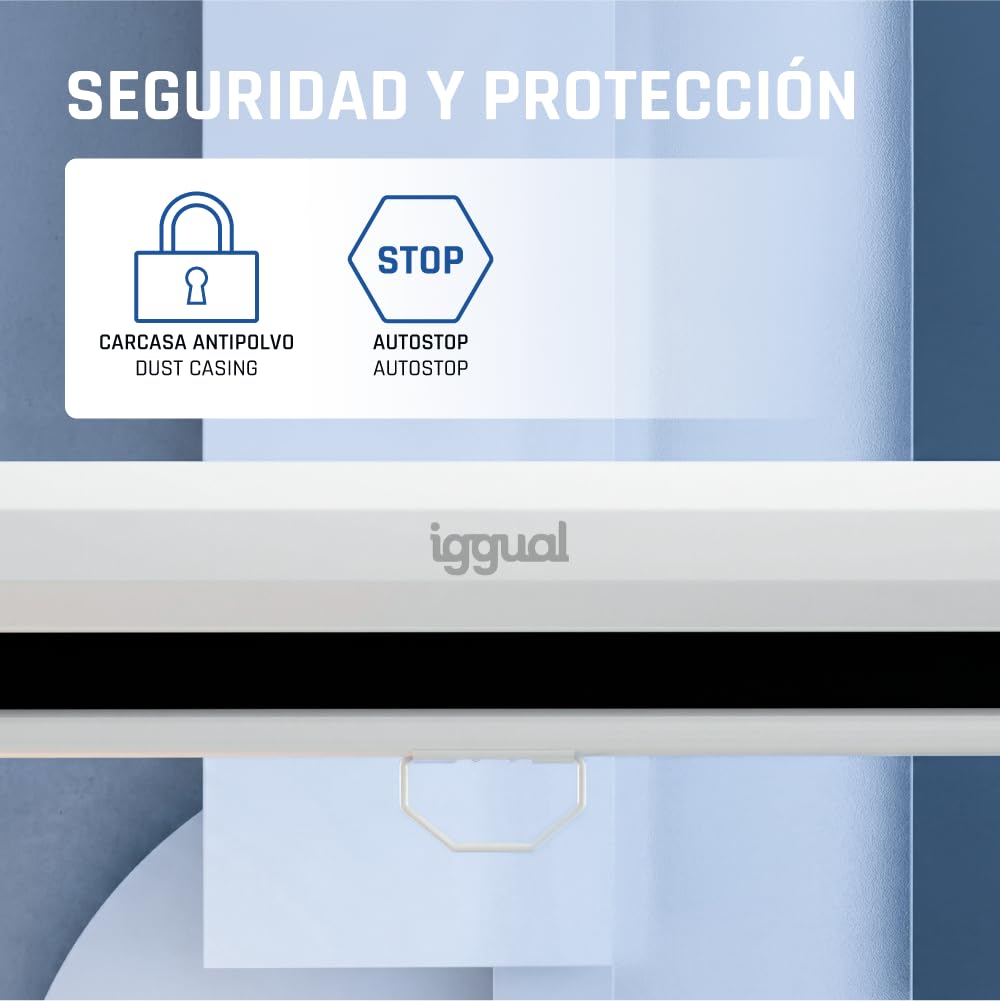 iggual Pantalla Proyección 92" Pulgadas- Enrollable Manual Panorámico- Formato 16:9- Ángulo Visión 180º- Altura Ajustable- Apto Pared/Techo- Compatible 4K y Cualquier Proyector, (203x114 cm)