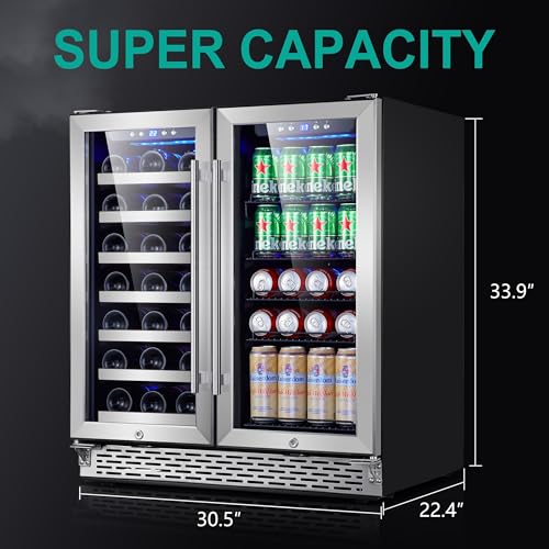 Image of Wine and Beverage Refrigerator, Freestanding Wine Cooler Refrigerator w / 18 Bottles and 70 Cans Capacity, Dual-Zone Wine Fridge