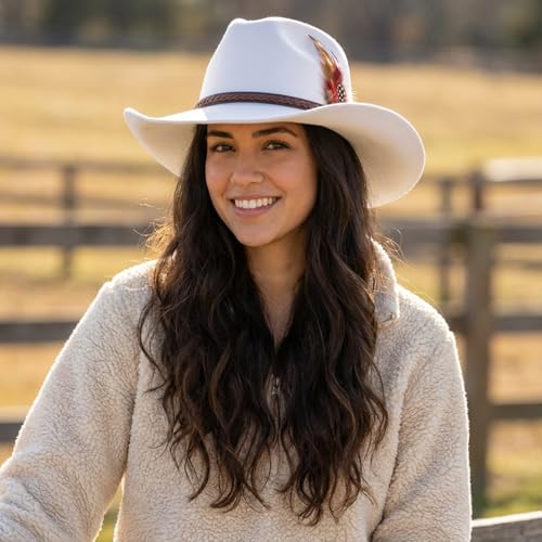 Image of Western Cowboy Cap for Men Women, Woolen Wide Brim Cowgirl Cap Belt Buckle Fedora Hat with Feather