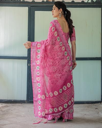 Image of Kaugalian store Linen Cotton Floral Printed Saree for Women with Unstitched Blouse Piece | 5.5 M Saree & 0.8 M Blouse