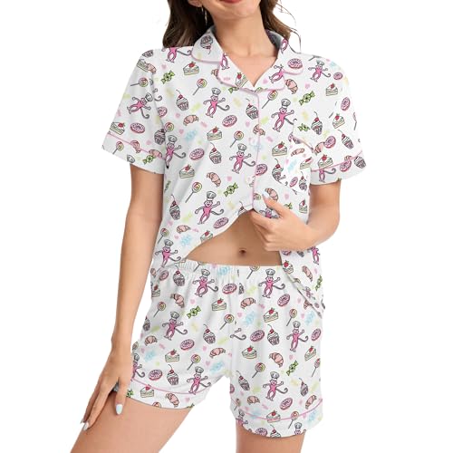 Image of Ammiko Womens Pajamas Set Y2k Loungewear Pajama Button Down Top and Shorts Monkey Beach Short Sleeve Sleepwear Preppy