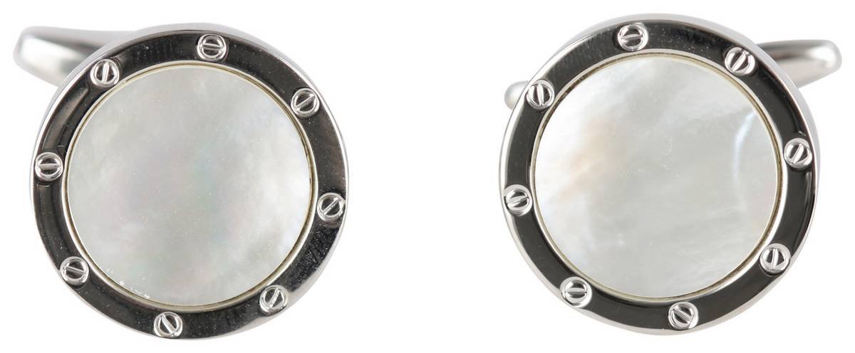 David Van Hagen Mens Rhodium Plated Mother of Pearl Round Porthole Cufflinks - White/Silver