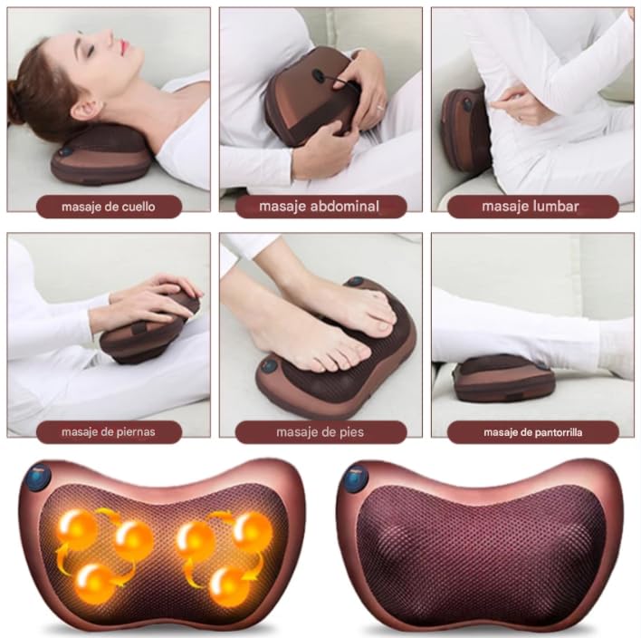Cojín de Masaje SHIATSU Eléctrico con Calor y Terapia Magnética, Masajeador Cervical, Espalda, Abdominal, Brazos y Piernas. Almohada con 4 Rodillos, Ideal para Casa, Oficina, Coche o Viaje