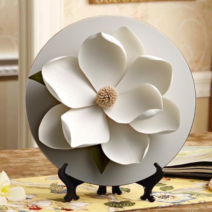 10 Inch White Magnolia Chinoiserie Ceramic Plate with Display Stand Ideal for Wall Hanging, Table Decor and Tea Parties Elegant Minimalist Home Decor.
