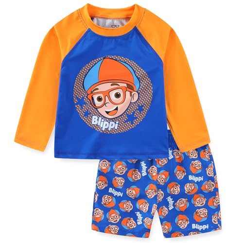 Blippi Boys UPF 50+ Rash Guard and Swim Trunks Swimsuit Set for Toddler and Big Kids Blue/Orange