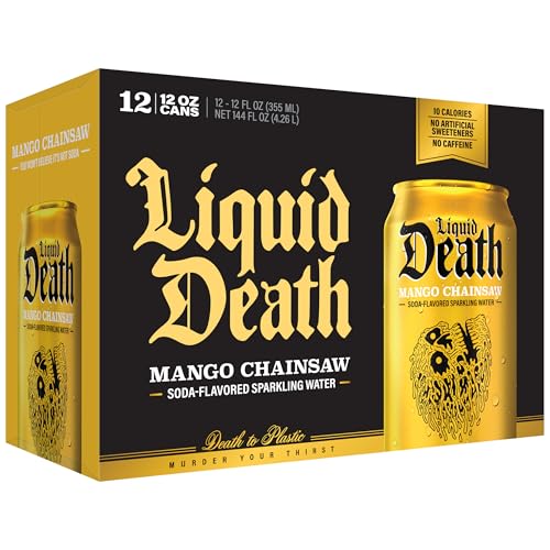 Image of Liquid Death Soda-Flavored Sparkling Water - Mango Chainsaw (Mango Orange), Less Sugar*, Huge Flavor, No Caffeine, No Artificial Sweeteners, 12 Fl Oz (Pack of 12)