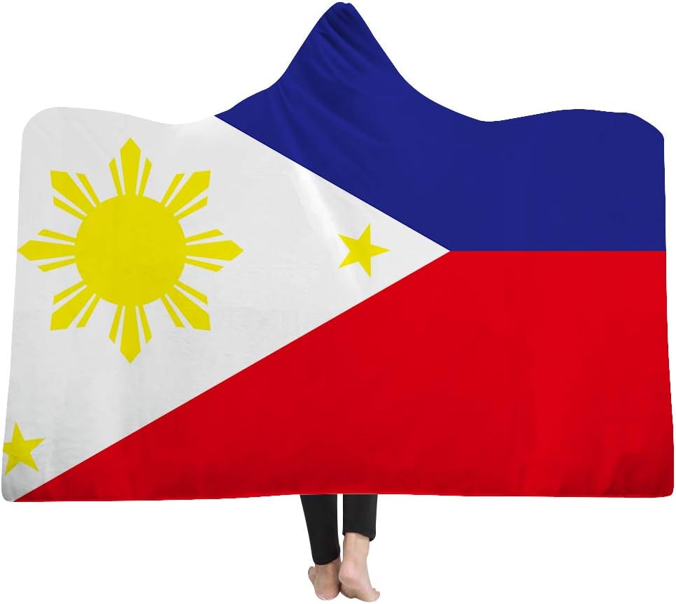 AsenArt Philippines Flag Blanket Hoodie Blanket Pattern Women Mens Plush Polyester Blankets Camp Warmth Winter -130X150inch