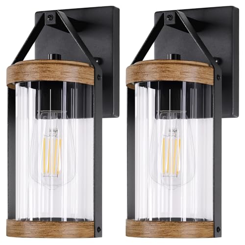 2-Pack Outdoor Light Fixtures, Waterproof Modern Exterior Wall Lantern Porch Lights, Black Wall Sconce with Clear Ribbed Glass, Outside Light with Wood Texture for House, Bulbs Not Included