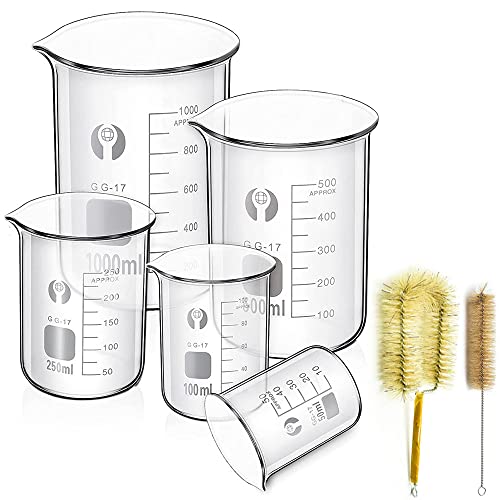 Borosilikatglas Bechergläser Set, JESSTOLO 5 Stück Dickglas Graduierten Becherglas mit Klare Ausguss 1000ml 500ml 250ml 100ml 50ml mit 2 Waschbürste, für Labor Forschung Medizin