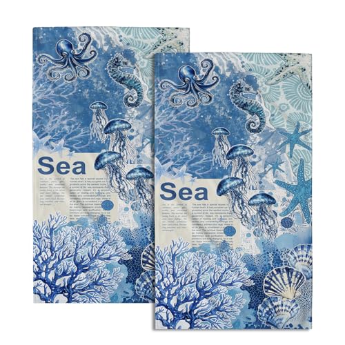 Giwawa Blue Sea World Hand Towel Set Abstract Watercolor Art Kitchen Towel for Home Bathroom