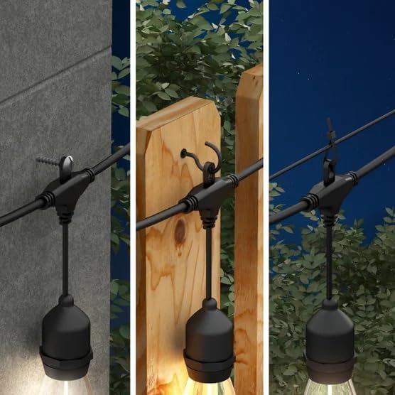 Tri bivšaamples of mounting options for the artika Eclipse Solar string lights: screw, hook, and clip.