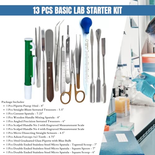 13Pcs Laboratory Sampling Stainless Lab Spatulas Micro Scoop Spoon Kit with Forceps, Scissors, Scalpel Handle, Glass Pipette, Pipettor Pump Multipurpose Science Experiment Supplies for Schools