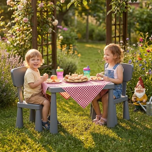 Image of Costzon Kids Table and Chairs, 3 PCS Plastic Toddler Table Set (Gray) | Easy Clean Activity Desk Set for Reading, Drawing, Snack Time, Art Craft, Suitable for Preschool, Playroom, Indoor & Outdoor