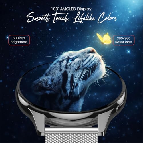 Image of PunnkFunnk Active 5 Smart Watch with 1.3 inch AMOLED HD Display | Bluetooth Calling, AI Voice Assistant, 100+ Sports Modes, Heart Rate & SPO₂ Tracking, IP68 Waterproof for Men & Women- (Millanese Silver)