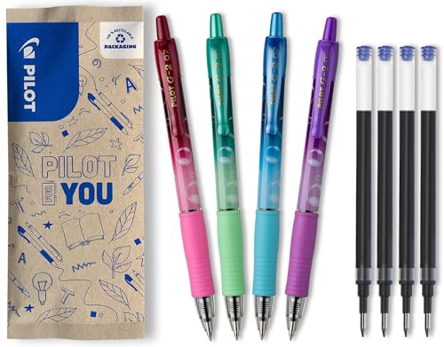 PILOT - Caja de 4 G2 Bubble + 4 Recargas - Bolígrafos Roller de Tinta de Gel - Retráctiles y Recargables - Cuerpos en Violeta, Verde, Turquesa y Burdeos - Tinta Azul - Punta Media