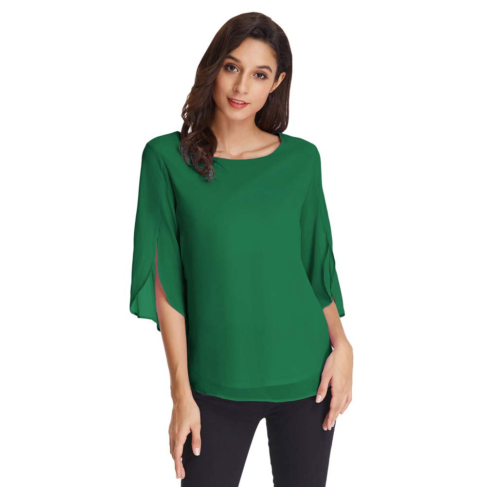 GRACE KARIN Camiseta de Manga Corta para Mujer Top de Gasa Casual de Verano Manga Corta Cuello Redondo 3/4 Manga Dividida