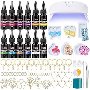 LET'S RESIN All-Inclusive Keychain Making Kit, 12-Color UV Resin with Keychain Molds Silicone, UV Light, 6 Styles Flower and Heart Open Bezels for Resin, Jewelry Making Kit for Beginners, Craft Decor