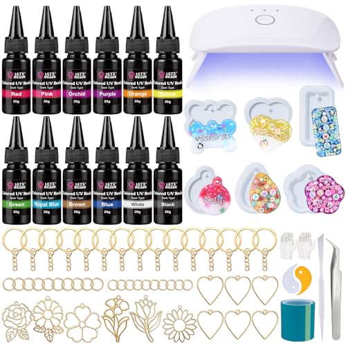 LETS RESIN All-Inclusive Keychain Making Kit 12-Color UV Resin with Keychain Molds Silicone UV Light 6 Styles Flower and Heart Open Bezels for Resin Jewelry Making Kit for Beginners Craft Decor