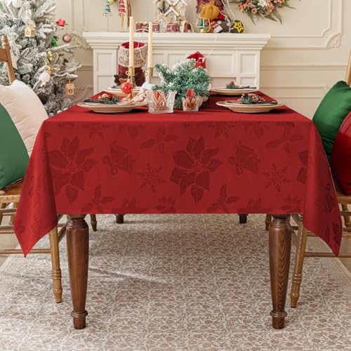 Softalker Christmas Jacquard Tablecloth, Winter Vintage Damask Rectangle Table Cover, Waterproof Poinsettia Snowflakes Polyester Table Cloths Decor for Holiday, Dining, Party - 60 x 84 inch, Red – Image 7