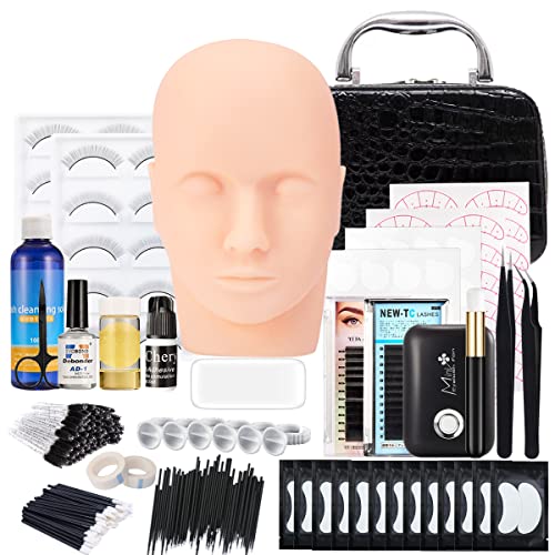 282 Pieces Lash Eyelash Extension Kit, Upgrade Eyelash Grafting Training Tools Lashes Extension Practice Exercise Set with Mannequin Head Cosmetics Case Glue Fan Dryer for Practice Eye Lashes Graft