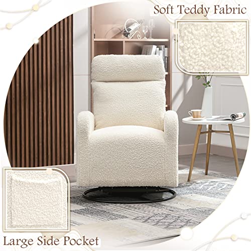 Kinffict Modern Swivel Glider Chair, Upholstered Accent Glider Rocker For Baby Nursery, Comfy Tall Back Rocking Armchair With Side Pocket And Headrest For Living Room, Bedroom, White Teddy Fabric #TOP4