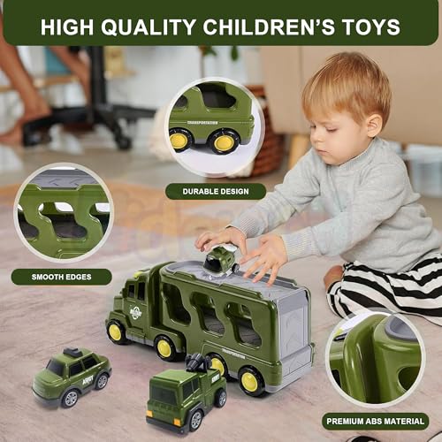 Image of Kidology 5-in-1 Friction-Powered Military Army Truck Toy Set with Music - Montessori Educational Transport Carrier Vehicle Toy for Boys & Girls, Fun Birthday Gift for Kids Ages 3+
