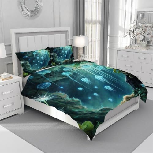 Housse de Couette 220x240 Méduse Bleue - Parure de Lit Microfibre 3 Pcs - 5