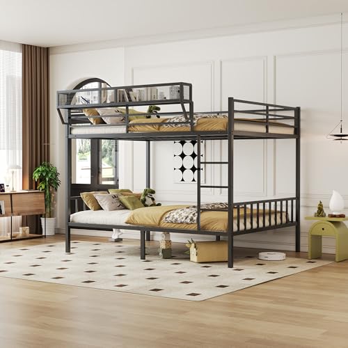 Image of Queen Over Queen Metal Bunk Bed with Storage Shelf & USB Charging | Open Storage Shelf,2 AC Outlets,2 USB Ports,Full-Length Guardrail for Boys&Girls,Noise-Free & Stable,No Box Spring Needed