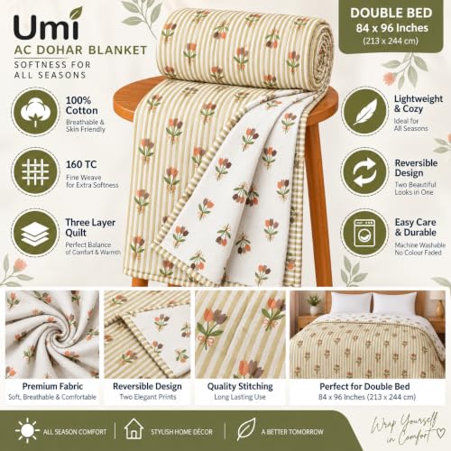 Image of Amazon Brand - Umi Double Bed Dohar Blanket Cotton 160 TC | AC Quilt 84x96 Inches | Three Layer Soft Lightweight Comforter | Trendy Elegant Bedspread