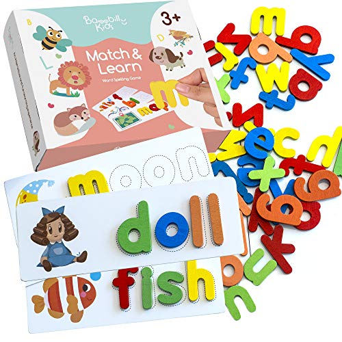 See and spell learning toy, spelling game, kids educational toys, learning game, matching letter game, wooden alphabet letters and flash cards, fun learning activity for preschool kids, play and learn