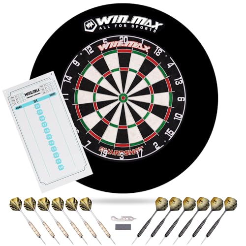 WIN.MAX Dart Board - Bristle Steel Tip Dartboard for Adults Bristle Steel Tip Dartboard Set with 12 Darts Metal Tip Dart Board with Surrond Backboard