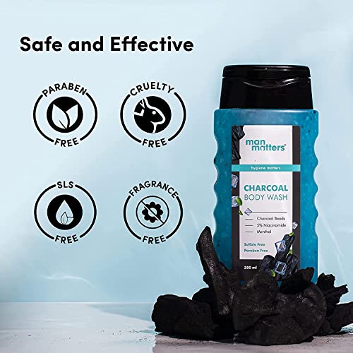 Image of Man Matters 3 in 1 Action Charcoal & Menthol Body Wash with Loofah | Menthol, 5% Niacinamide | For Instant Cooling, Odor Protection & Improves Skin texture | 250ml