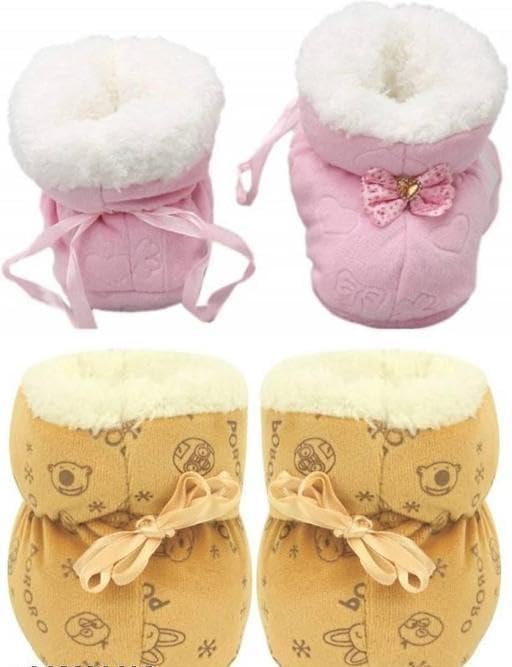 New Born Baby Booties Fancy Socks Cum Shoes with Fur Design for Winter And All Seasons Unisex Booties (Toe to Heel Length - 12 cm,Baby Pink,Brown)-image-44