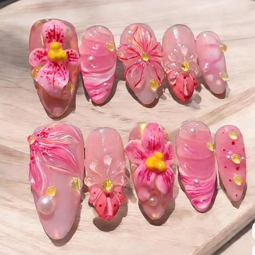 Medium Press on Nails Almond Fake Nails Spring 3D Flowers And Pea...