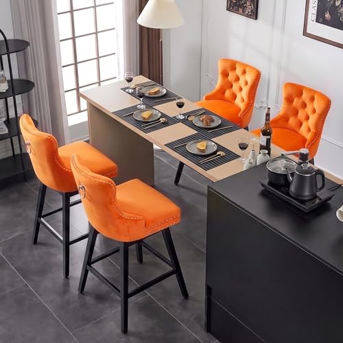 Image of Orange Swivel Bar Stools, Velvet Counter Height Bar Stool Set of 4 | 360 Swivel Bar Chairs, Solid Wood Legs, Upholstered Kitchen Island Stools, Modern Extra Wide Seat (Orange, 30 inch H, 4 Pack)