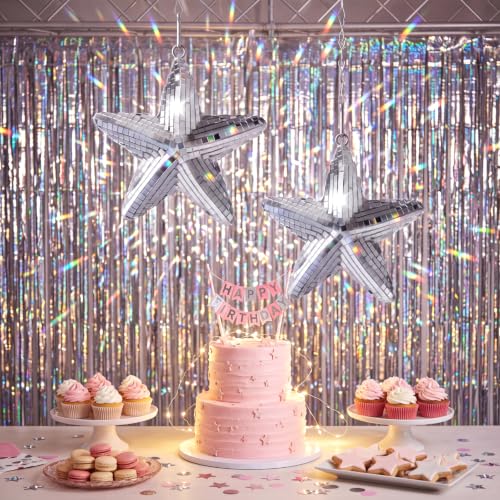 Novabright - 2 adornos estrella bola de discoteca, 5,9 pulgadas, espejo plateado, mosaico reflectante, con cadena para colgar, decoración para árbol de Navidad, fiesta, boda y hogar miniatura 4