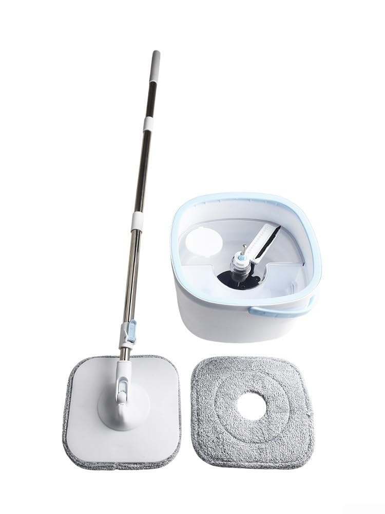 Trapeador autoescurridor, juego de 2 piezas de fregona giratoria plana y cubo con separación de agua limpia, pedal de presión manos libres para suelos laminados de baldosas de madera dura