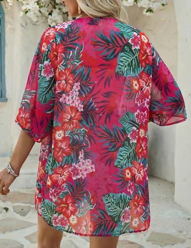 Image of Chunoy Women Summer Beachwear Open Front Tops Light Cardigan Short Sleeve Chiffon Floral Kimono Cover Up 3X-Large