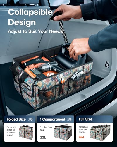 Image of HOTOR Trunk Organizer - Foldable Car Organizer for SUVs & Sedans Storage | Sturdy Car Organization for Men & Women, Car Accessories Tools, Sundries, Blue Flower, 2 Compartments, 21.3 inch x 12.6 inch x 10.6 inch