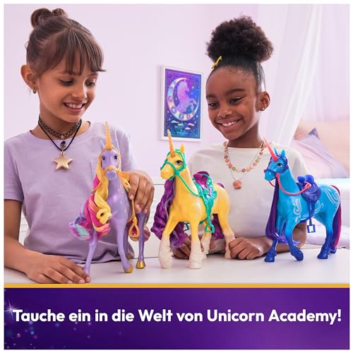 Unicorn Academy Einhorn River - ca. 28 cm großes Einhorn von Isabel zur beliebten Netflix-Serie, mit beweglichem Kopf, abnehmbarem Zaumzeug und Sattel für realistisches Rollenspiel, ab 4 Jahren
