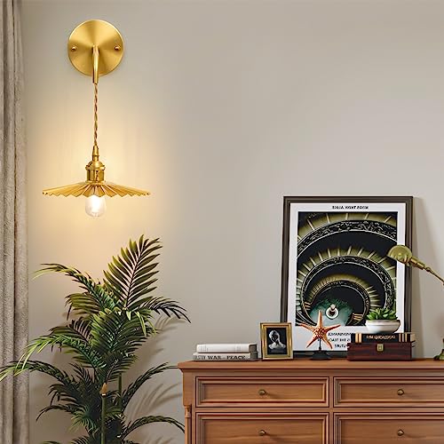 Shenmoyl Vintage 1-Light Wall Sconces Gold Pleated Shade Brass Cap Adjustable Chain Retro Gold Wall Mounted Light, Wall Lamp Fixtures Decor For Bedside Bedroom Indoor Doorway #TOP4