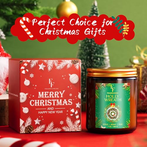 Image of Christmas Candle, Holly Wreath Scented Candles for Home, Holiday Candles Natural Soy Candle, Aromatherapy Candle 7 oz Jar Candles Christmas Gifts for Women Men